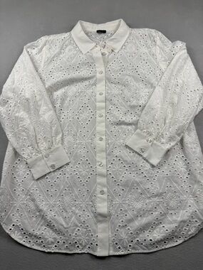 Talbots White Button Down Embroidered Eyelet Blouse Boho Cottage Coquette 2XL